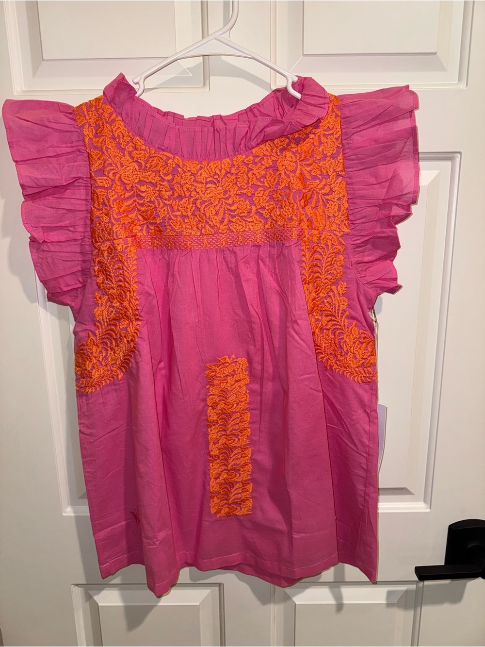 Pink Ruffle Sleeve Blouse with Orange Floral Embroidery J Marie nwt small